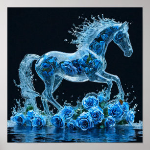 ❄️ Gefrorenes Pferd mit blauen Rosen Fantasy Eisbl Poster