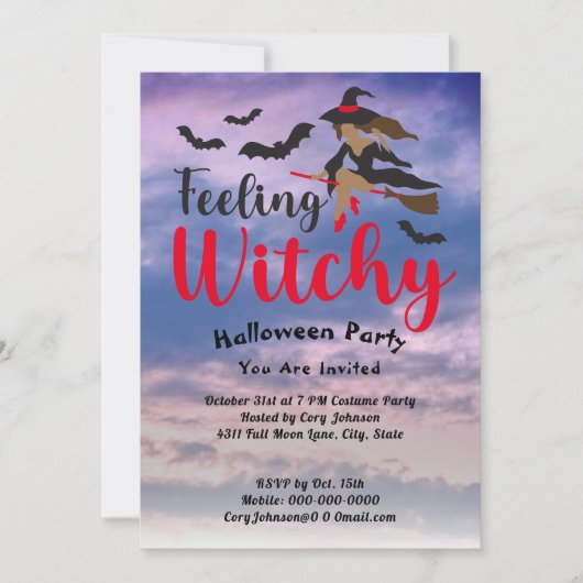 Gefühl Hexenrot, Fledermäuse Halloween-Party Einladung (Vorderseite)