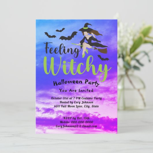 Gefühl Witchy Bats Hexenhut Halloween-Party Einladung (Stehend Vorderseite)
