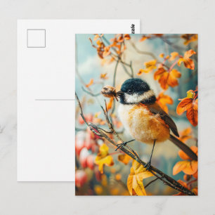 Gefühlte Kohlmeise mit Raupen im Herbstbusch Postkarte