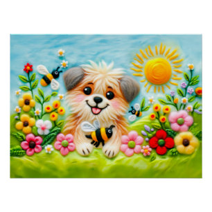 Gefühlter Hund in einem blühenden Garten mit Biene Poster