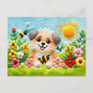 Gefühlter Hund in einem blühenden Garten mit Biene Postkarte
