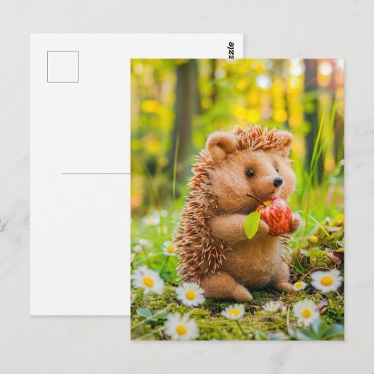 Gefühlter Igel mit Apfel im Gänseblümchenbeet Postkarte (Vorne/Hinten)