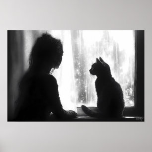 Gegenwärtige Frau mit Katze im Regen durch das Fen Poster