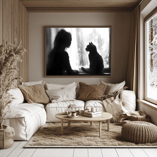 Gegenwärtige Frau mit Katze im Regen durch das Fen Poster