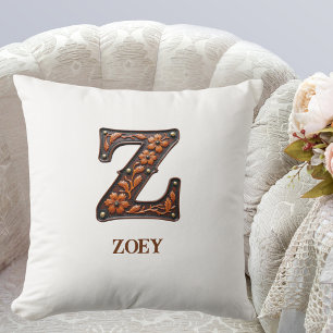 Geglättetes Western-Leder Initial-Monogramm Z Kissen