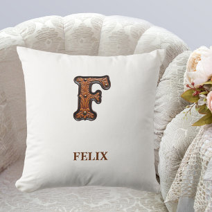 Geglättetes westliches Lederinitial-Monogramm F Kissen