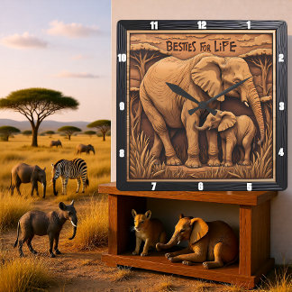 Gegravierte Elefantenmutter Baby Quadratische Wanduhr