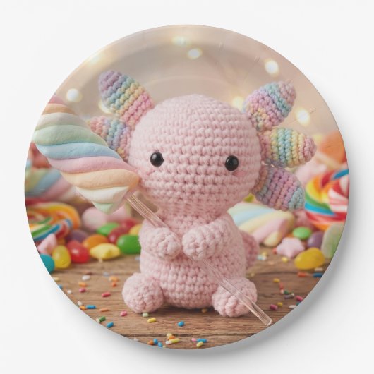 Gehäkeltel Rosa Axolotl Pastell Süßigkeiten Pappte Pappteller (Vorderseite)