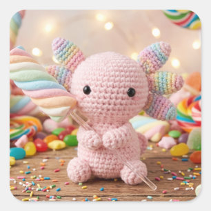 Gehäkeltelachsrosa Axolotl Pastell Süßigkeiten Quadratischer Aufkleber