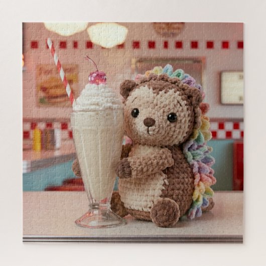 Gehäkelter Igel und Milchshake im Retro-Diner Puzzle (Vertikal)