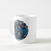 Gehäkelteter Drache, verheddert in blauem Garn-Ges Kaffeetasse (Vorderseite Links)