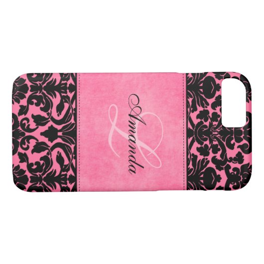 Gehäuse für Monogramm Schwarz und Rosa Damask iPho Case-Mate iPhone Hülle (Rückseite (Horizontal))