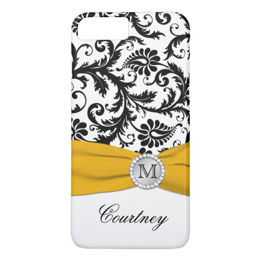 Gehäuse für Monogramm, schwarz, weiß, gelb Damask  Case-Mate iPhone Hülle (Rückseite)