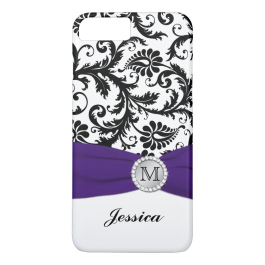 Gehäuse für Monogramm Schwarz, Weiß, Lila Damask i Case-Mate iPhone Hülle (Rückseite)
