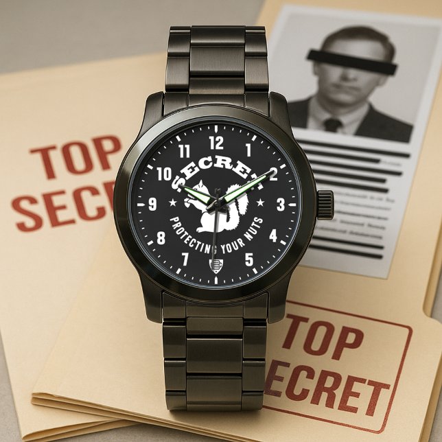 Geheime Eichhörnchen "Ihre Nüsse schützen" Patch S Armbanduhr (Secret Squirrel Protecting Your Nuts Patch Black Stainless Steel Watch)