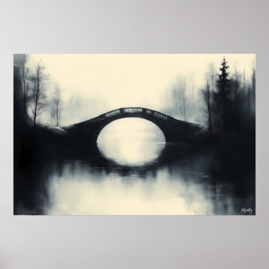 Geheimnisvolle Brücke inmitten nebliger Reflexione Poster (Vorne)