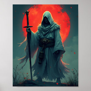 Geheimnisvolle Figur mit Kapuze unter Blutmond   Poster