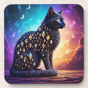 Geheimnisvolle schwarze Katze mit Diamanten Getränkeuntersetzer
