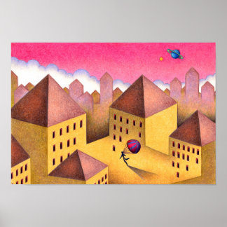 Geheimnisvolle Stadt in der Dämmerung gebadet. Poster