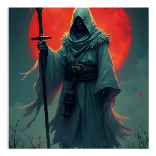 Geheimnisvolle verhüllte Figur unter dem Blutmond  Poster