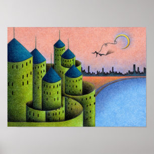 Geheimnisvolles altes Schloss am Seeufer. Poster