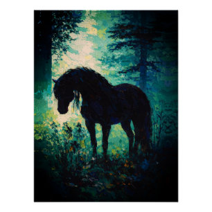 Geheimnisvolles schwarzes Pferd im Wald Poster