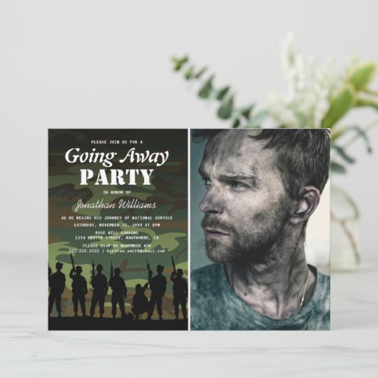 Gehen weg Soldier Camouflage | Abschiedliches Foto Einladung (Stehend Vorderseite)
