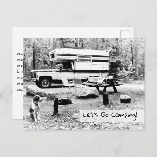 Gehen wir ins Camping, Retro Travel Monochrome Einladungspostkarte (Vorne/Hinten)