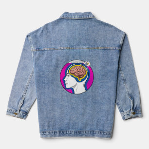 Gehirnprofil Menschenkopf pink-blauer Kreis. Jeansjacke