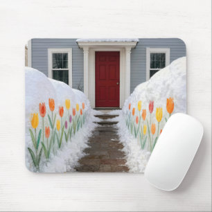 Gehweg mit bemalten Frühlings-Tulpen in Schneebänk Mousepad