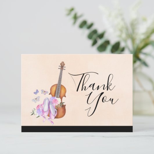 Geige, Ballettschuhe, Blume und Schmetterlinge Einladung (Stehend Vorderseite)