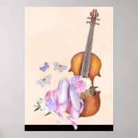 Geige, Ballettschuhe, Blume und Schmetterlinge