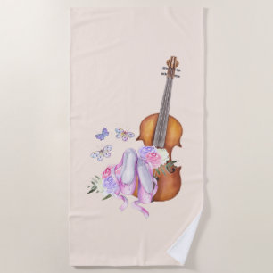 Geige, Ballettschuhe, Blume und Schmetterlinge Strandtuch