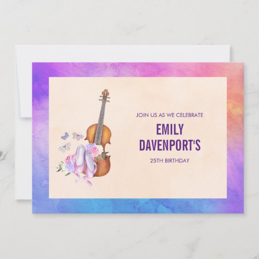 Geige, Ballettschuhe und Schmetterlinge zum Geburt Einladung (Vorderseite)
