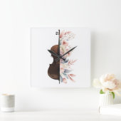 Geige mit Blume. Quadratische Wanduhr (Zuhause)