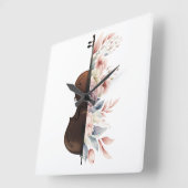 Geige mit Blume. Quadratische Wanduhr (Winkel)