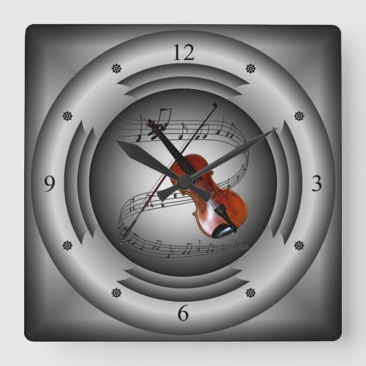 Geige ~ Musikalische Scroll ~ Silberner Lautsprech Quadratische Wanduhr (Vorderseite)