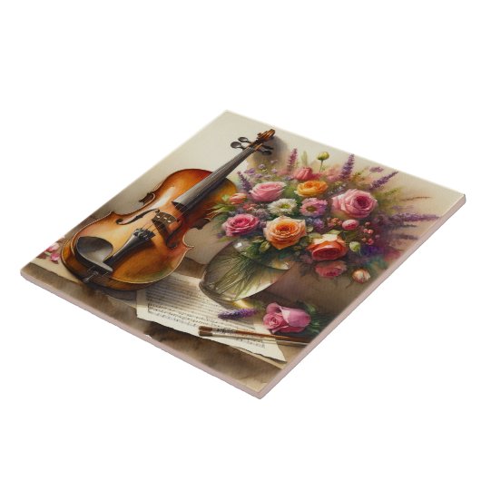 Geige, Noten und eine Vase der Blume Fliese (Seite)