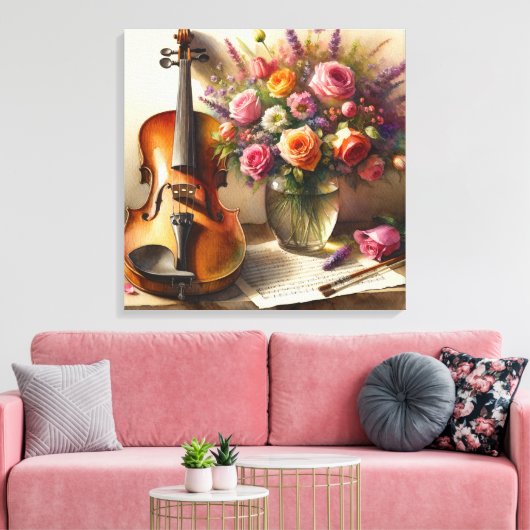 Geige, Noten und eine Vase der Blume Leinwanddruck (Insitu (Wohnzimmer))