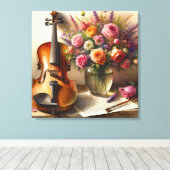 Geige, Noten und eine Vase der Blume Leinwanddruck (Insitu (Holzboden))