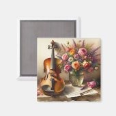 Geige, Noten und eine Vase der Blume Magnet (Vorderseite/Rückseite)