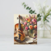 Geige, Noten und eine Vase der Blume Postkarte (Stehend Vorderseite)