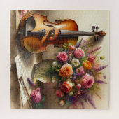 Geige, Noten und eine Vase der Blume Puzzle (Horizontal)