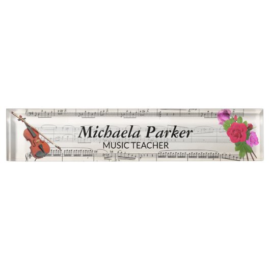 Geige und Rose Vintage Notenplatte Namensplakette (Vorderseite)