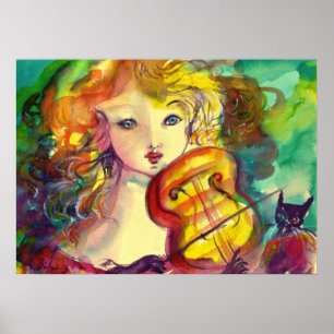 GEIGENSPIELENDES MÄDCHEN, GEIGE UND KATZE POSTER