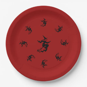 geile Halloween Hexe auf fliegendem Broomstick Spa Pappteller
