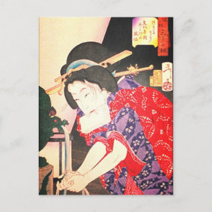 Geisha am Brunnen Japanischer Holzschnitt Ukiyoe Postkarte
