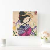 Geisha and Irises Japanese Woodblock Art Ukiyo-e Quadratische Wanduhr (Zuhause)