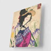 Geisha and Irises Japanese Woodblock Art Ukiyo-e Quadratische Wanduhr (Winkel)